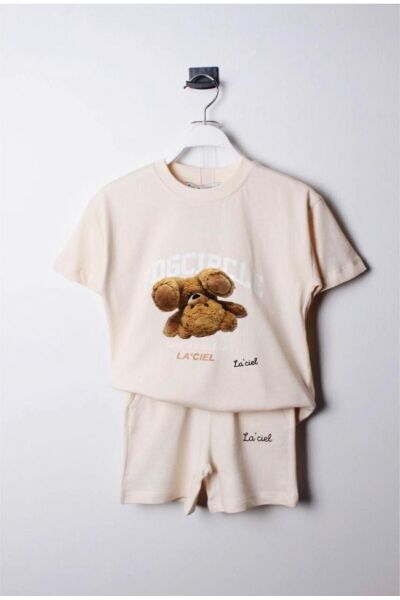 Moon Baby La'Ciel Sloganlı Unisex Bear Kız Çocuk Erkek Çocuk Alt-Üst Şortlu Yazlık Takım krem 3-4 Yaş  Unisex