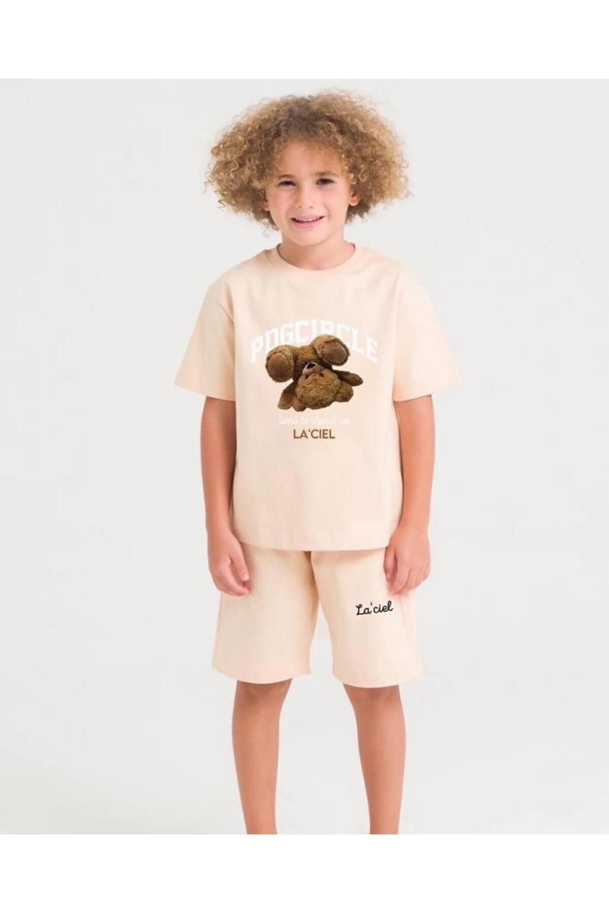 Moon Baby La'Ciel Sloganlı Unisex Bear Kız Çocuk Erkek Çocuk Alt-Üst Şortlu Yazlık Takım krem 3-4 Yaş  Unisex
