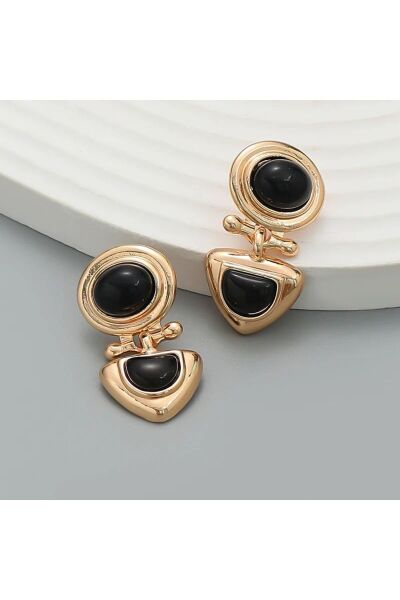 Vanilla Avenue Siyah Vintage Geometrik Altın Sarısı Detaylı Sallantılı Kadın Küpe