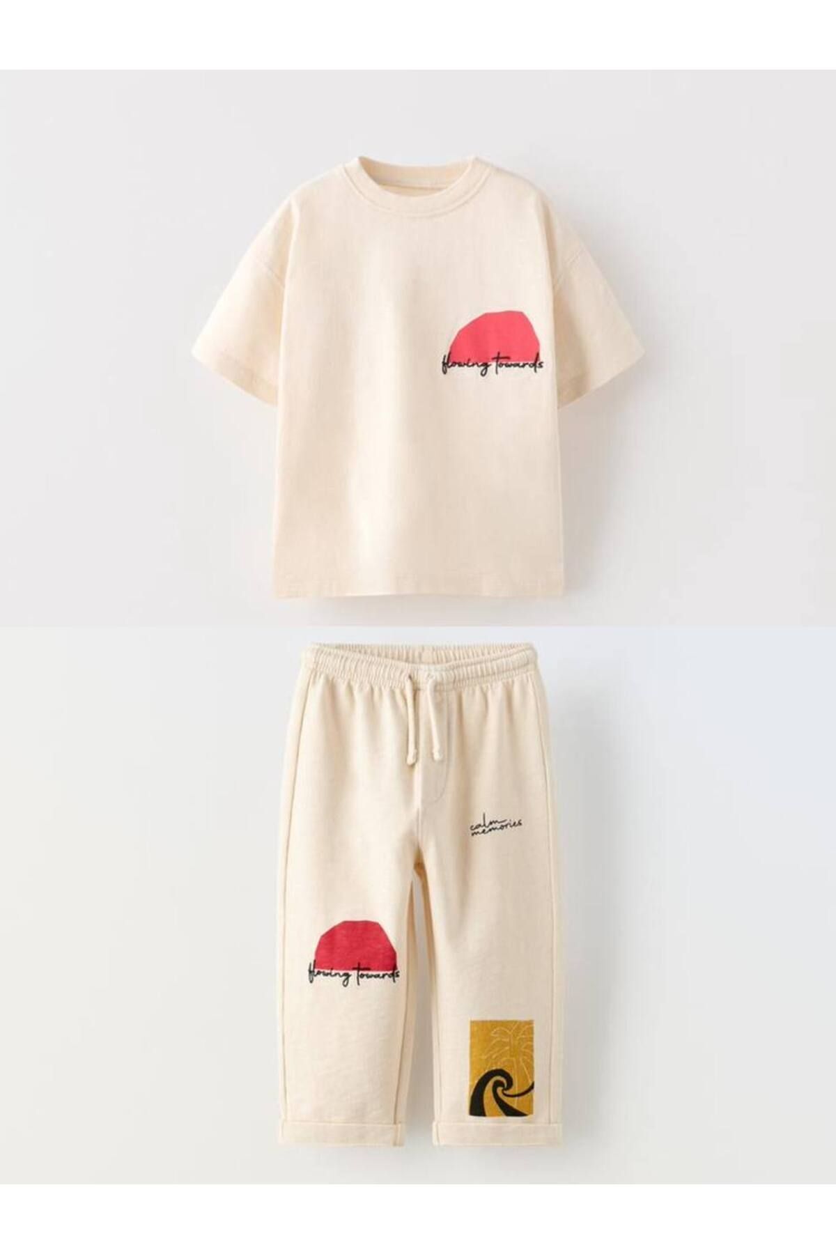Moon Baby Grafitti Baskılı Kabartmalı Unisex Pamuk Kız Çocuk Erkek Çocuk Alt-Üst Takım açık krem 3-4 Yaş  Unisex
