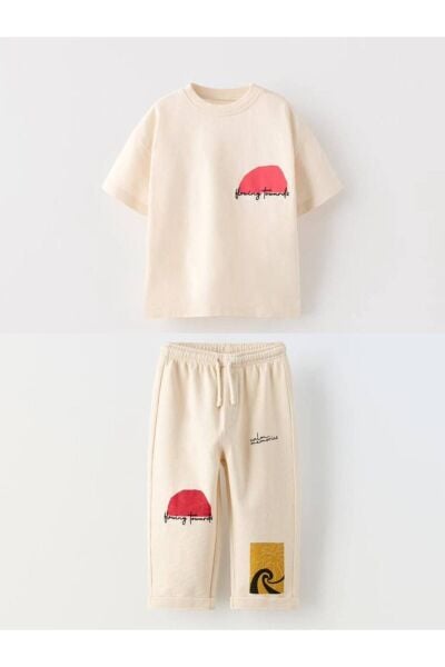 Moon Baby Grafitti Baskılı Kabartmalı Unisex Pamuk Kız Çocuk Erkek Çocuk Alt-Üst Takım açık krem 3-4 Yaş  Unisex
