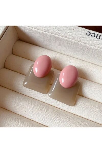 Vanilla Avenue Retro Tarzı Pastel Pembe Tonlar Oval Reçine Günlük Kullanım Kadın Küpe