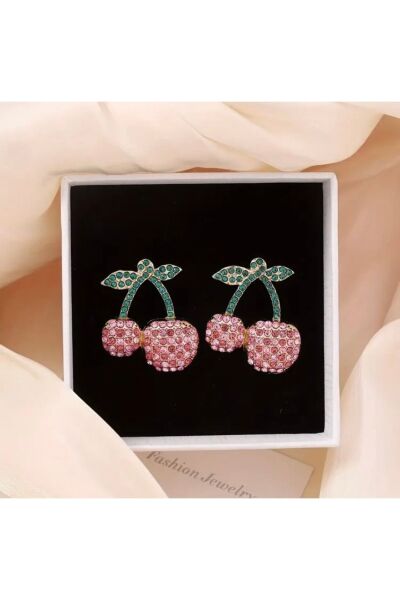 Vanilla Avenue Rhinestone Taşlı Pembe Kiraz Tasarım Günlük Kullanım Kadın Küpe