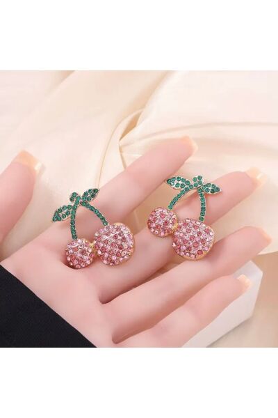 Vanilla Avenue Rhinestone Taşlı Pembe Kiraz Tasarım Günlük Kullanım Kadın Küpe