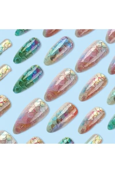 Vanilla Avenue Parlak Renkli Şeffaf Balık Pulları Gradyan Kendinden Yapışkanlı Takma Tırnak 24 Adet