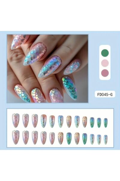 Vanilla Avenue Parlak Renkli Şeffaf Balık Pulları Gradyan Kendinden Yapışkanlı Takma Tırnak 24 Adet