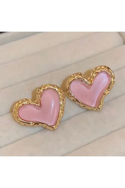 Vanilla Avenue Pembe Reçine Altın Sarısı Detaylı Kalp Şeklinde Sevimli Günlük Kullanım Kadın Küpe