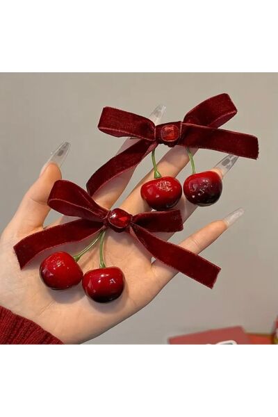 Vanilla Avenue Koyu Kırmızı 2 Adet Kiraz Kurdele Fiyonk Detaylı Kadın Toka