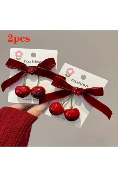 Vanilla Avenue Koyu Kırmızı 2 Adet Kiraz Kurdele Fiyonk Detaylı Kadın Toka