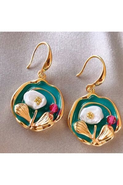 Vanilla Avenue Zarif Monet İncili Çiçek Detaylı Altın Rengi Sallantılı Bohem Günlük Kadın Küpe