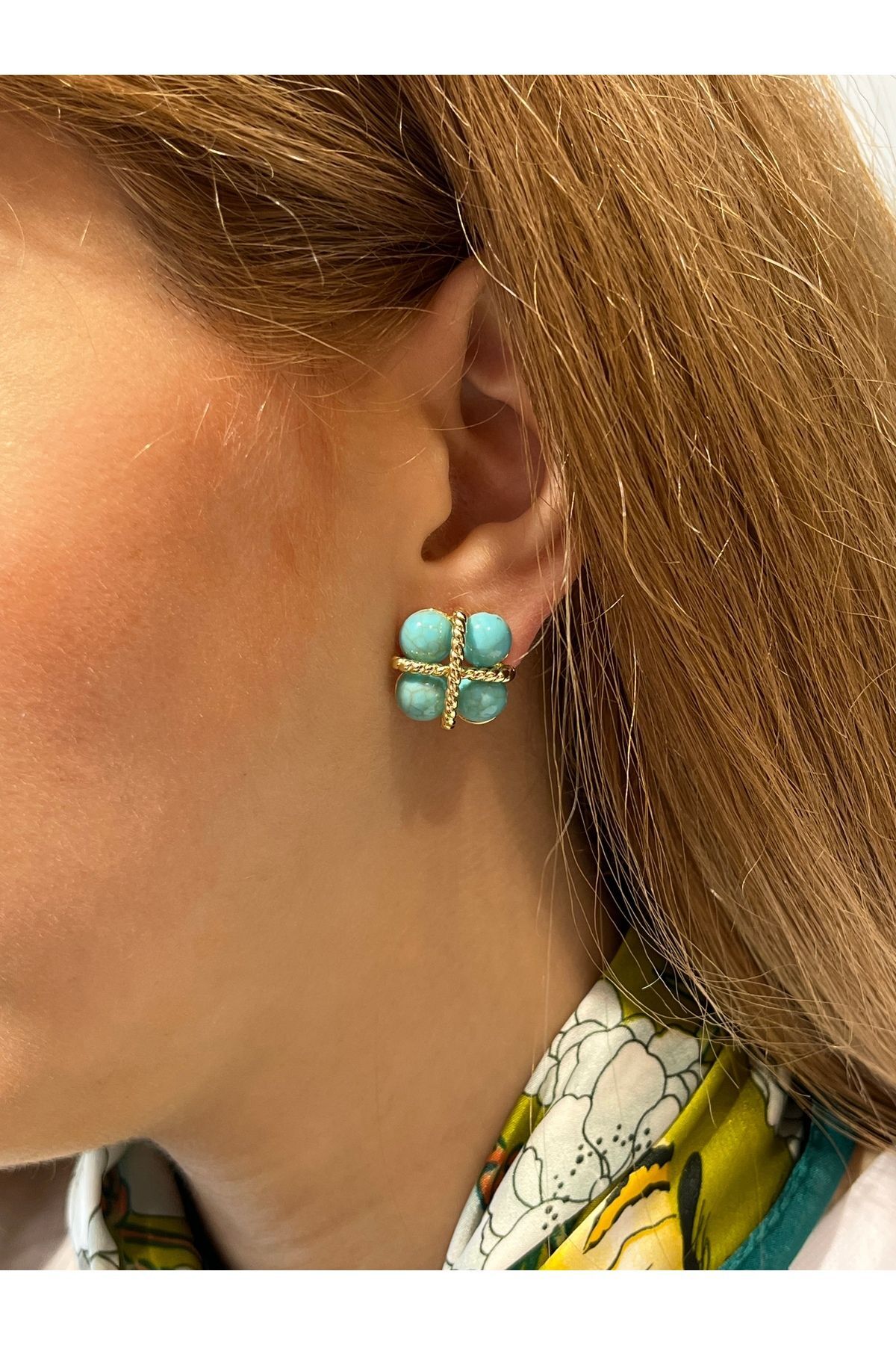 Vanilla Avenue Turkuaz Rengi Altın Sarısı Detaylı Bubble Bohem Günlük Kadın Küpe