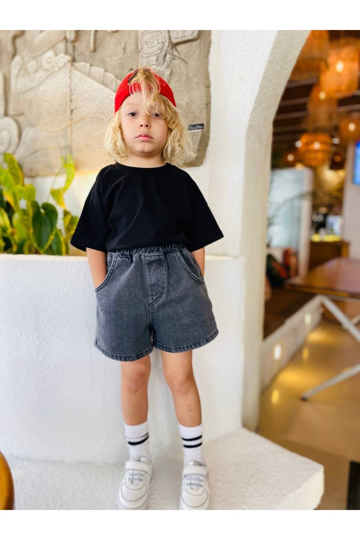 Vanilla Avenue Gri Çocuk Baloon Denim Jeans Unisex Kot Şort