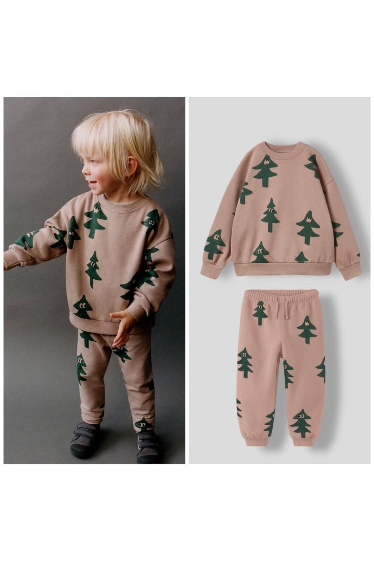 Baby Yeşil Çam Ağaçlı Çocuk Unisex Alt Üst Eşofman Takımı pudra 2-4 Yaş  Unisex