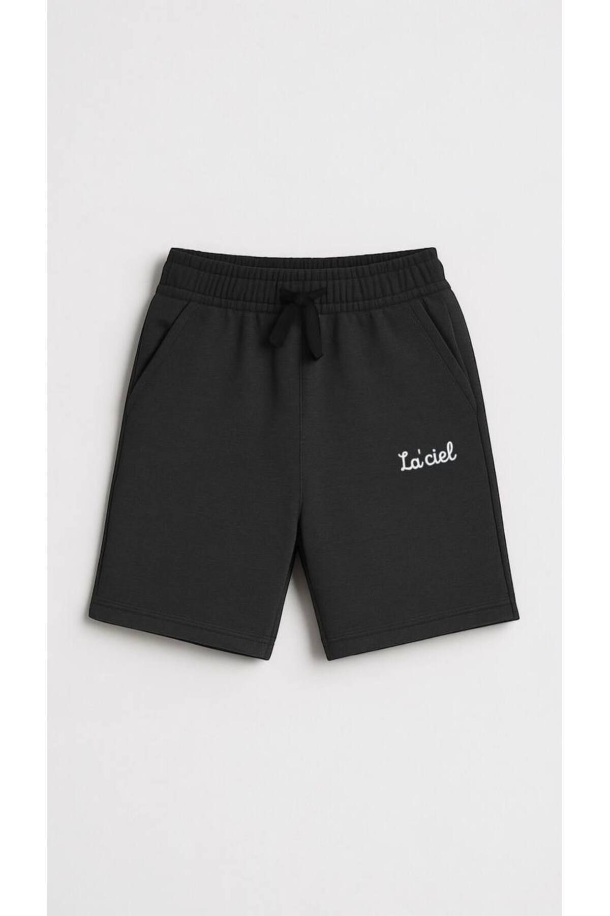 Vanilla Avenue Siyah Laciel Paris Erkek Çocuk Diz Altı Beli Lastikli Triko Basketbol Şort