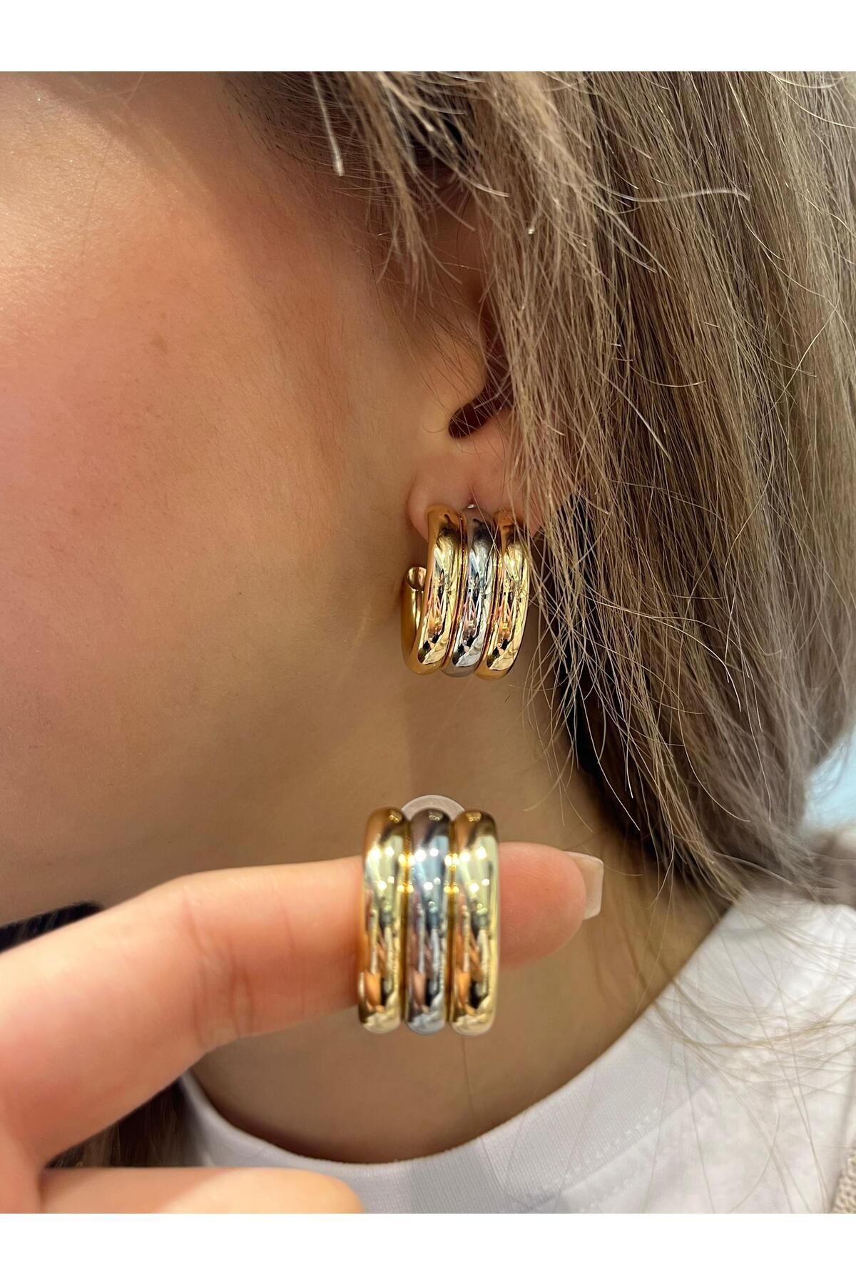 Vanilla Avenue Altın Sarısı 3 Renkli Halka Trend Günlük Kullanım Kadın Küpe