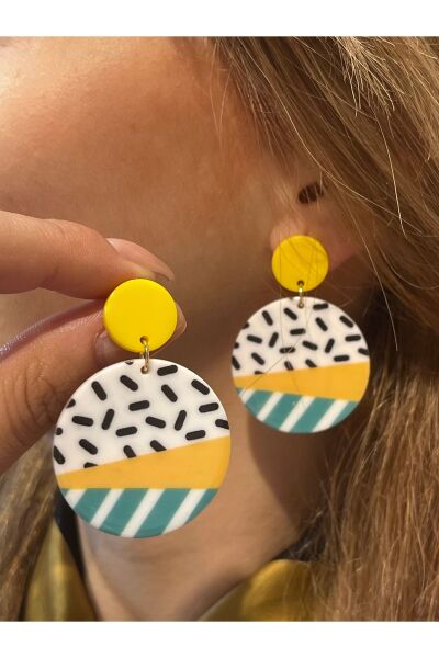 Hei Sarı Yeşil Çizgili Daire Şeklinde Bohem Tarz Renkli Sallantılı Günlük Kadın Küpe