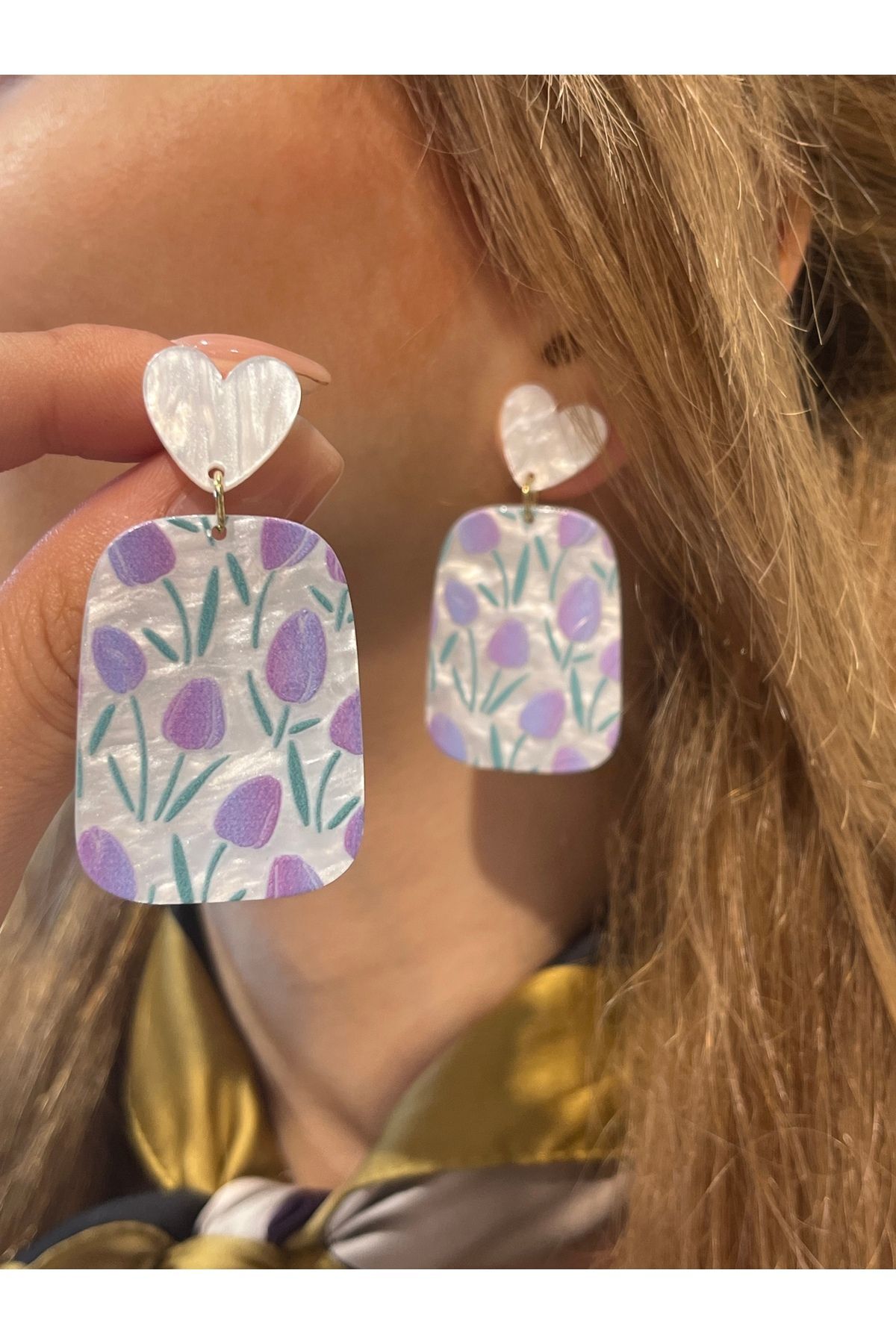 Hei Lila Kalpli Lale Figürlü Sallantılı Günlük Kullanım Kadın Küpe