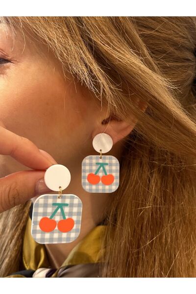 Hei Mavi Kare Şeklinde Kiraz Figürlü Sallantılı Günlük Kullanım Kadın Küpe