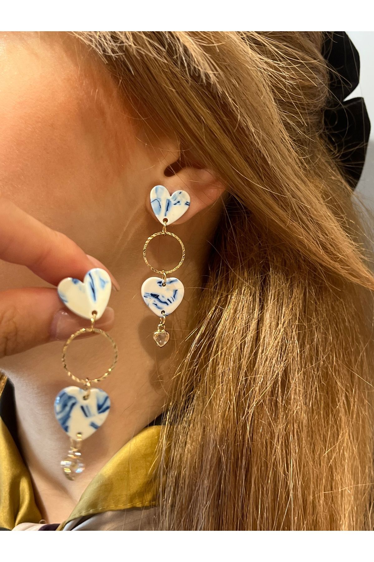 Hei Mavi Beyaz Kalp Şeklinde Çini Desenli Etnik Sallantılı Günlük Kullanım Kadın Küpe