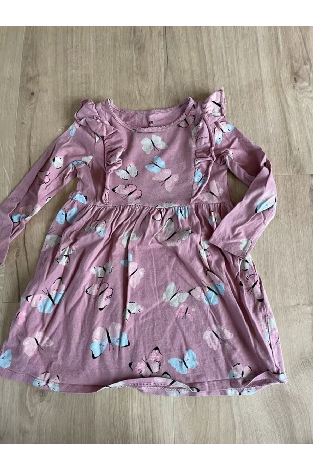 Hei Koyu Pembe Kelebek Desenli Fırfırlı Uzun Kollu Kız Çocuk Elbise