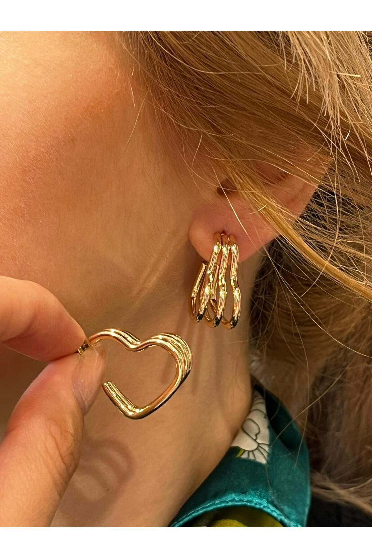 Hei Altın Sarısı Kalp Şeklinde Üçlü Sallantılı Günlük Kullanım Kadın Küpe