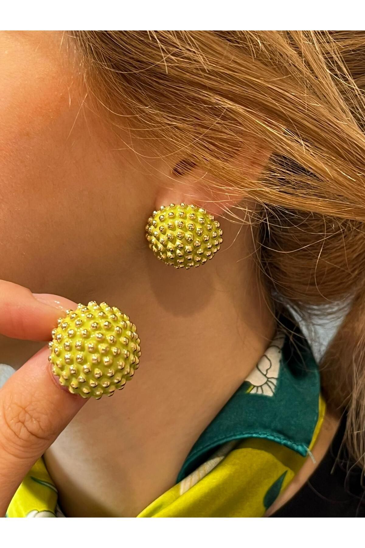 Hei Turkuaz Yeşil Yuvarlak Bombeli Altın Sarısı Puantiye Detaylı Günlük Kullanım Kadın Küpe