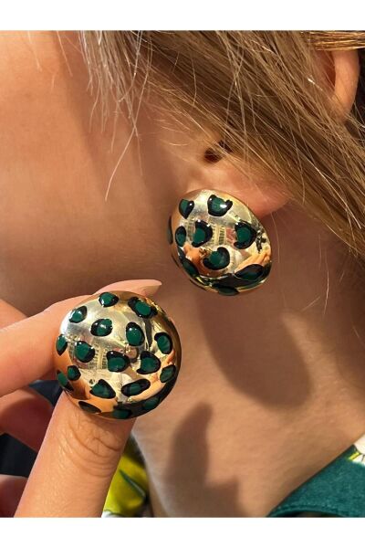 Hei Altın Sarısı Yeşil Leopar Desenli Bombeli Dev Günlük Kullanım Kadın Küpe