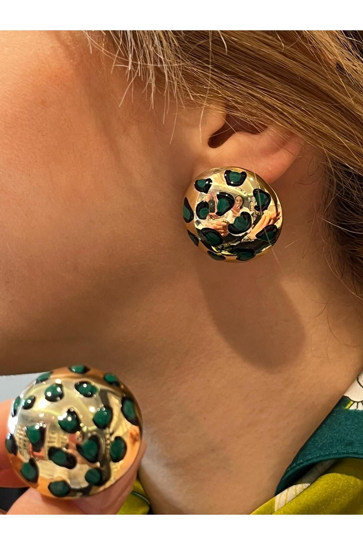 Hei Altın Sarısı Yeşil Leopar Desenli Bombeli Dev Günlük Kullanım Kadın Küpe