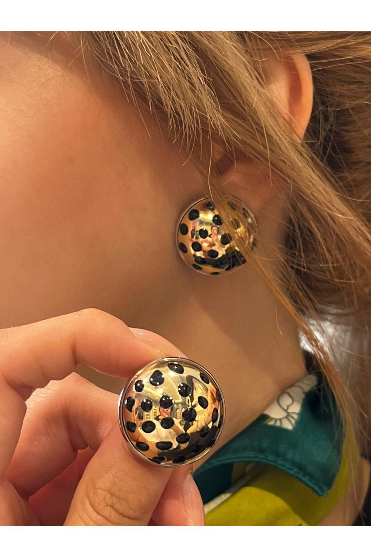 Hei Altın Sarısı Siyah Leopar Desenli Bombeli Dev Günlük Kullanım Kadın Küpe