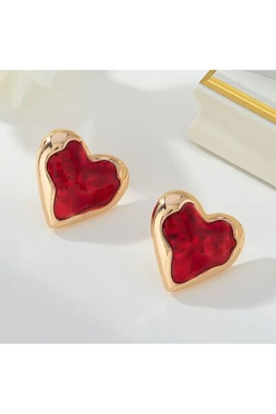 Hei Kırmızı Kalp Şeklinde Parlak Altın Sarısı Çivi Büyük Günlük Kullanım Kadın Küpe