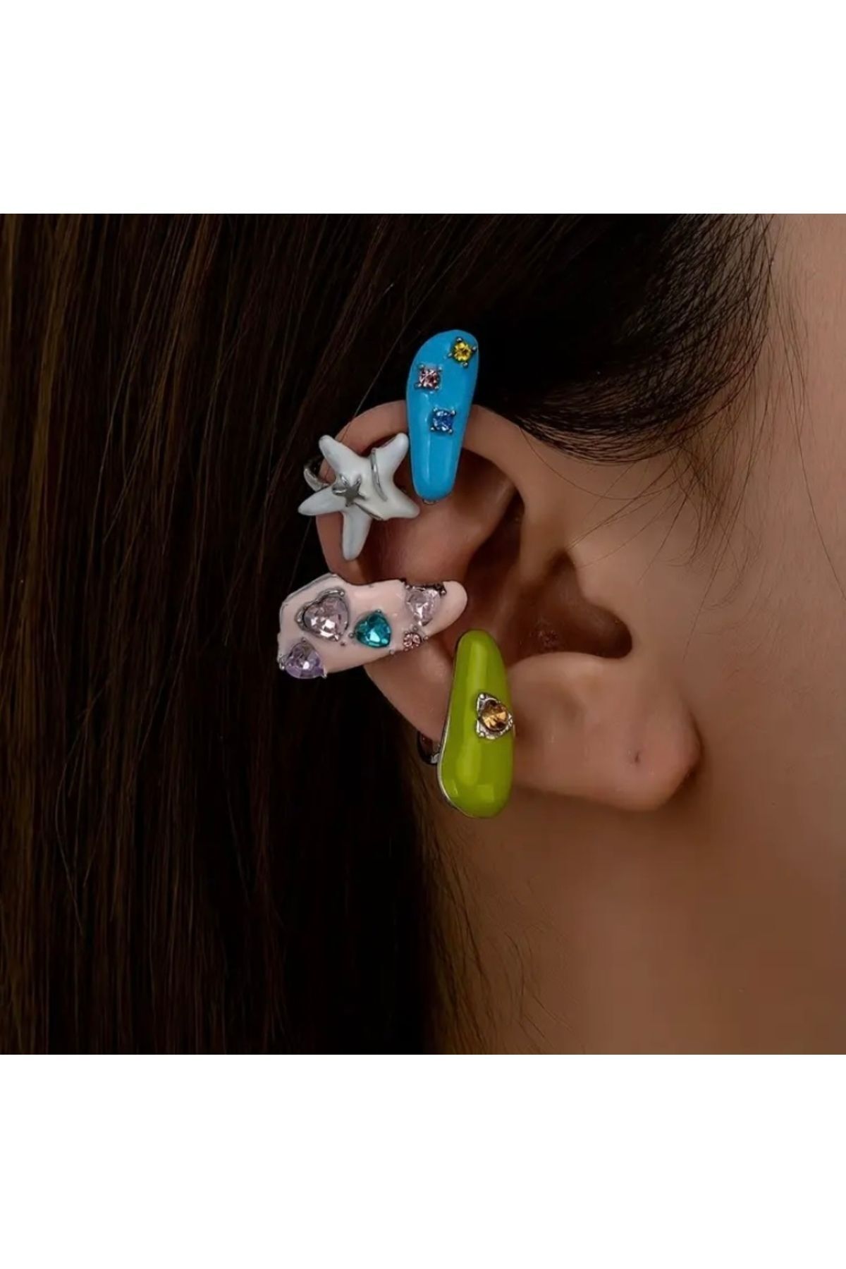 Hei Pembe Mavi Yeşil Beyaz Dörtlü Günlük Kullanım Işıltılı Kadın Küpe