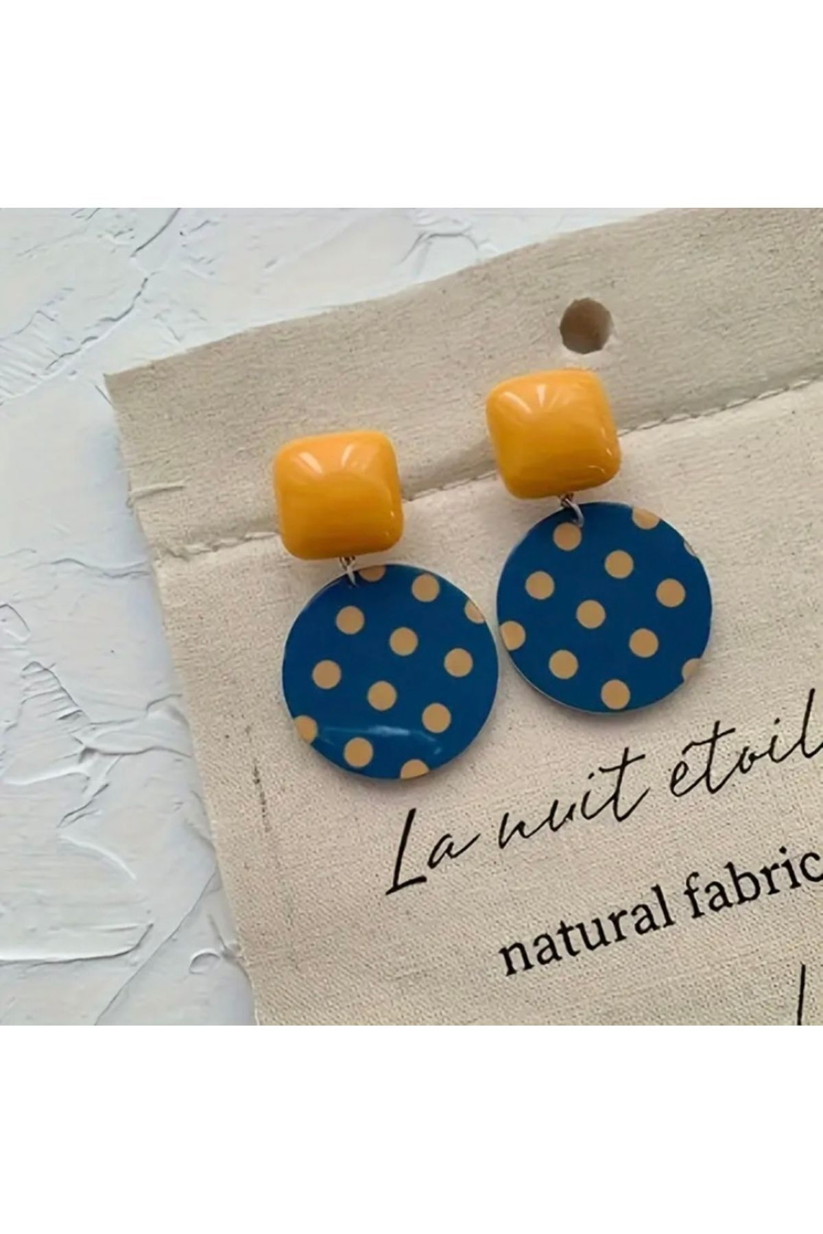 Hei Lacivert Sarı Puantiyeli Daire Şeklinde Bohem Günlük Kullanım Kadın Küpe