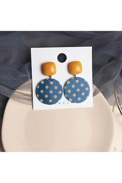 Hei Lacivert Sarı Puantiyeli Daire Şeklinde Bohem Günlük Kullanım Kadın Küpe