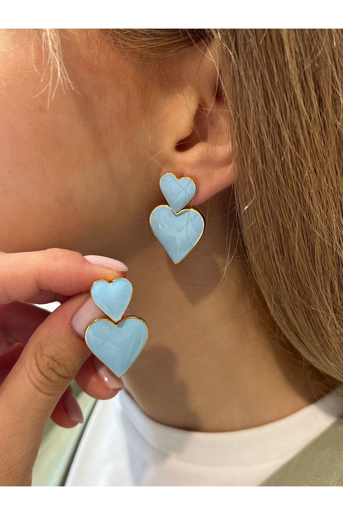 Hei Bebe Mavisi İkili Kalp Detaylı Sallantılı Günlük Kullanım Kadın Küpe