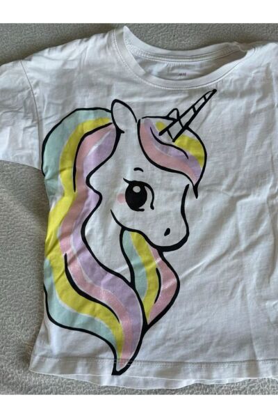 Hei Beyaz Sevimli Unicorn Desenli Regular Günlük Kullanım Kız Çocuk Tişört 10-11 Yaş