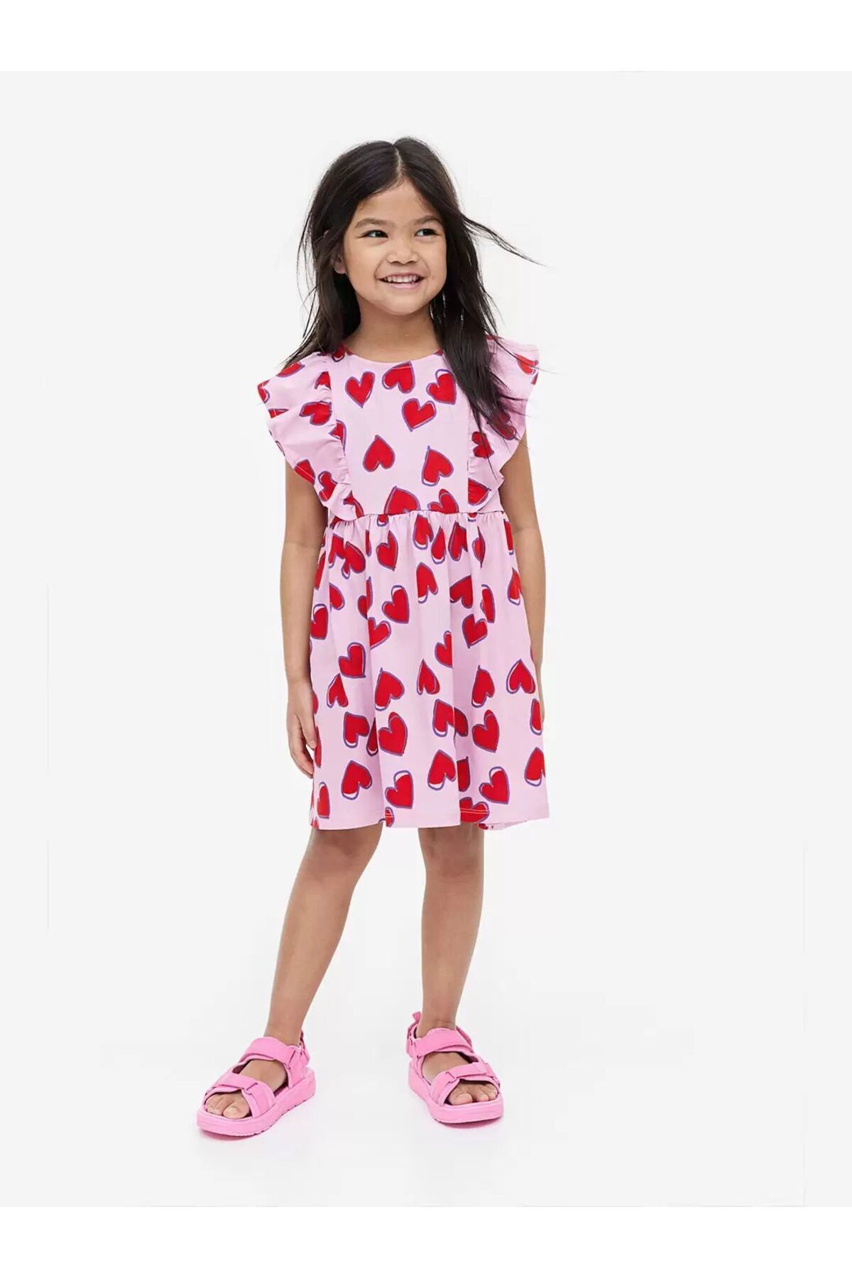 Hei Pembe Kırmızı Kalpli Kolları Fırfırlı Günlük Kız Çocuk Elbise 2-4 Yaş