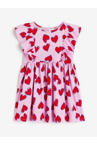 Hei Pembe Kırmızı Kalpli Kolları Fırfırlı Günlük Kız Çocuk Elbise 2-4 Yaş