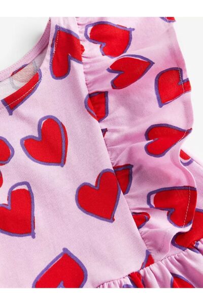 Hei Pembe Kırmızı Kalpli Kolları Fırfırlı Günlük Kız Çocuk Elbise 2-4 Yaş