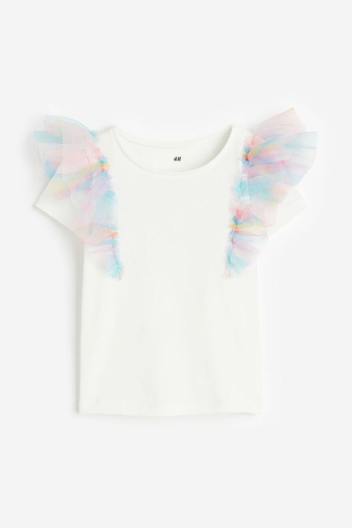 Hei Beyaz Kolları Renkli Tül Fırfırlı Günlük Kız Çocuk Tişört 2-4 Yaş